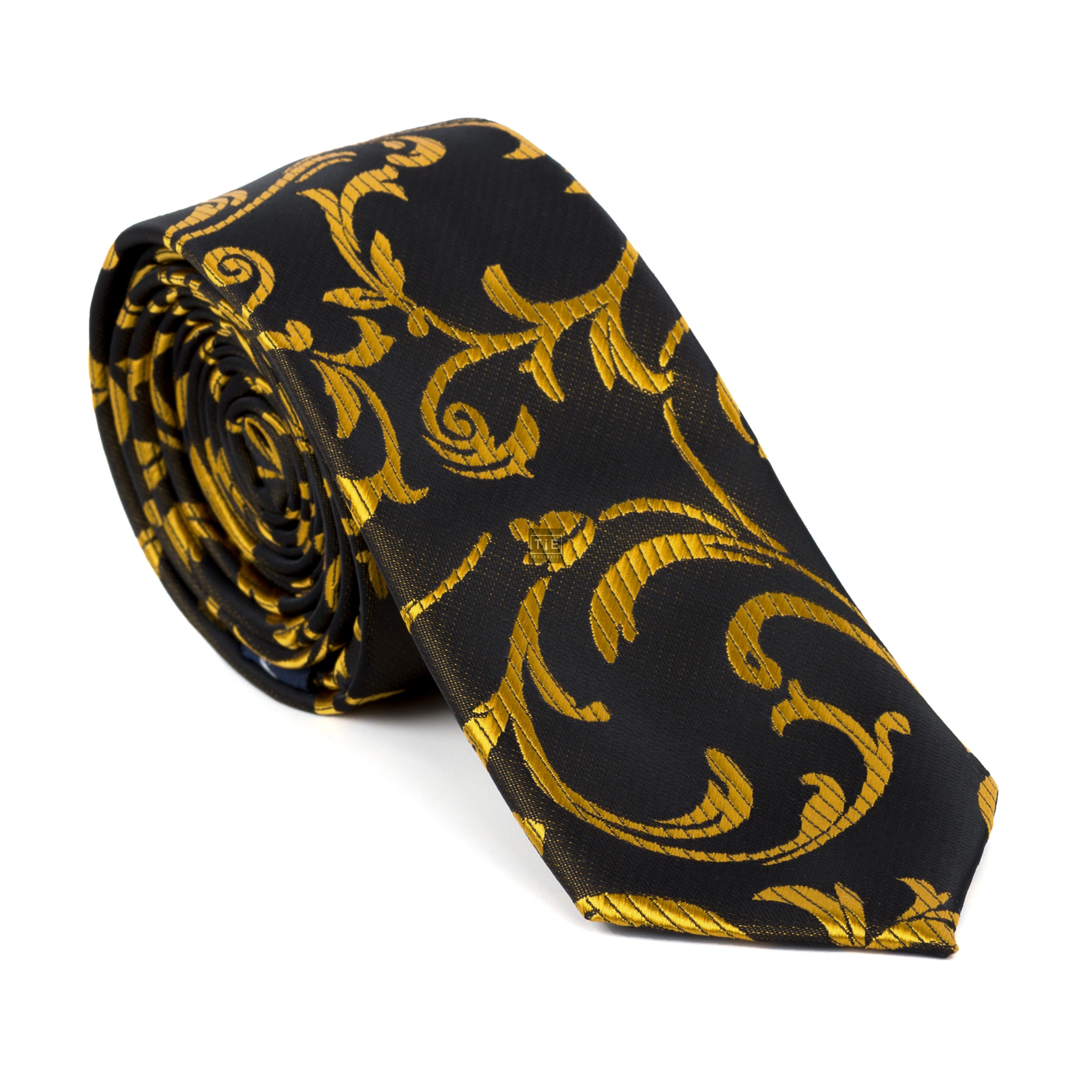 Gold on Black Swirl Leaf Slim Tie - Patterned Black Slim Tie