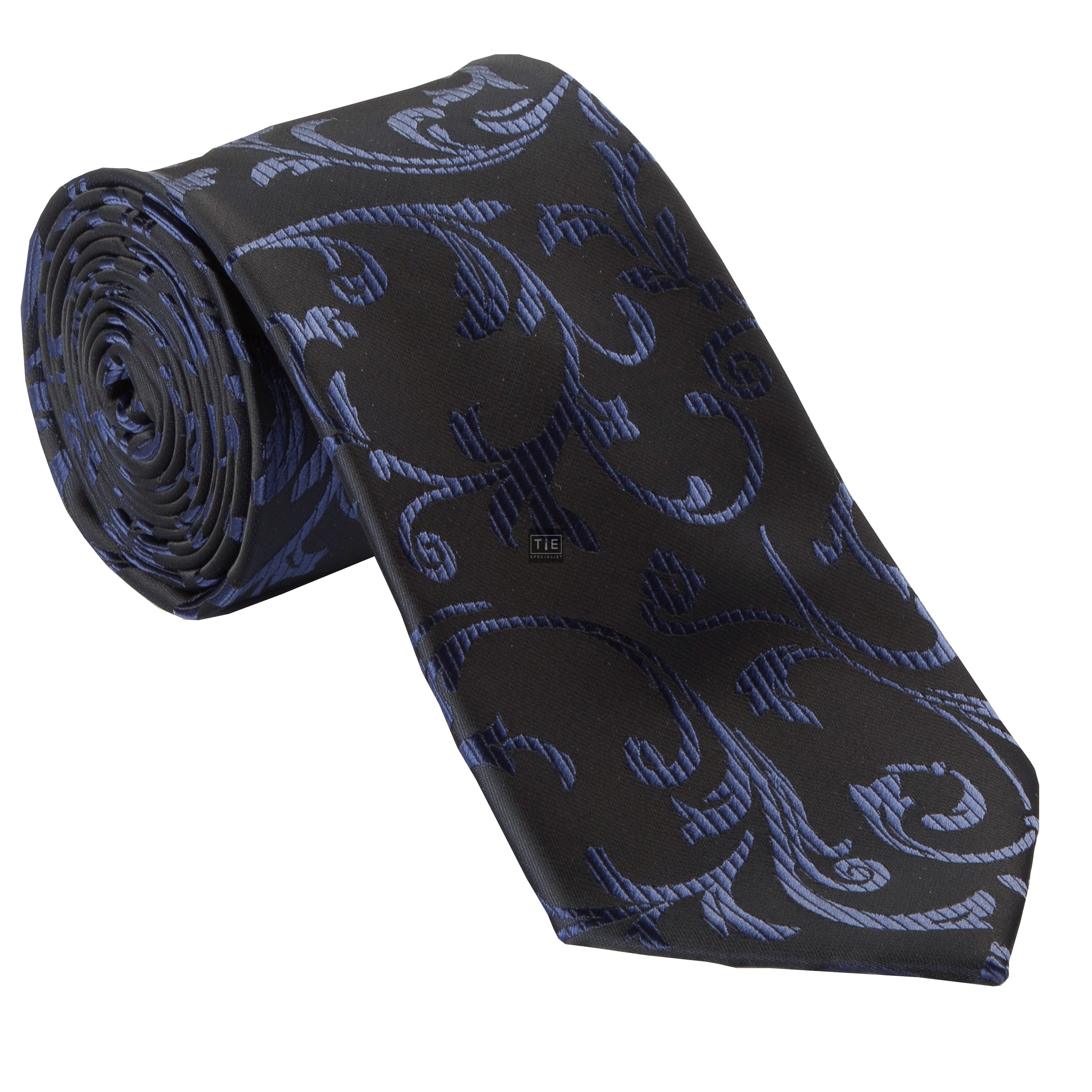 Navy on Black Swirl Leaf Wedding Tie - Patterned Black Classic Width 8cm