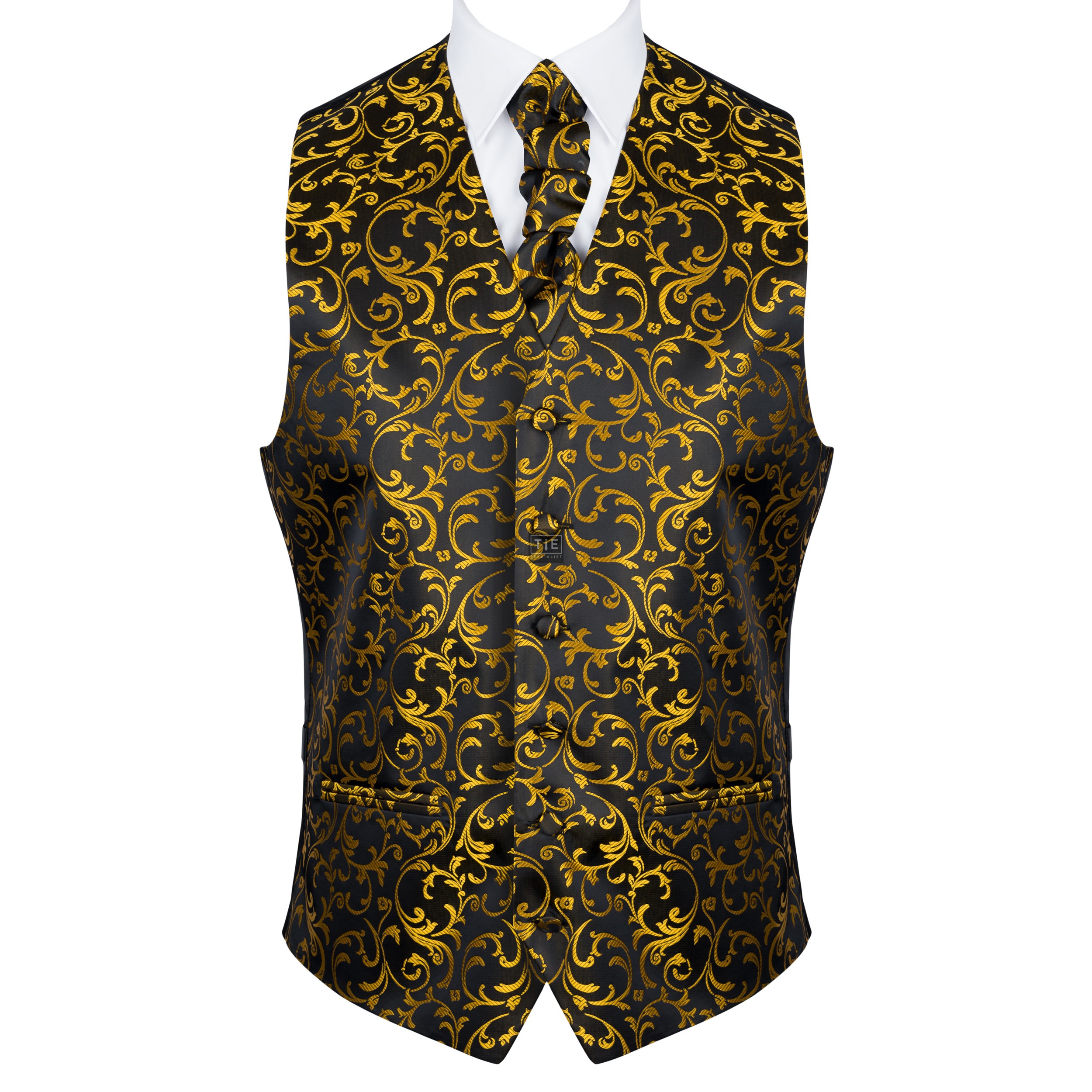 Gold on Black Swirl Leaf Formal Waistcoat - Patterned Black 6 Button ...