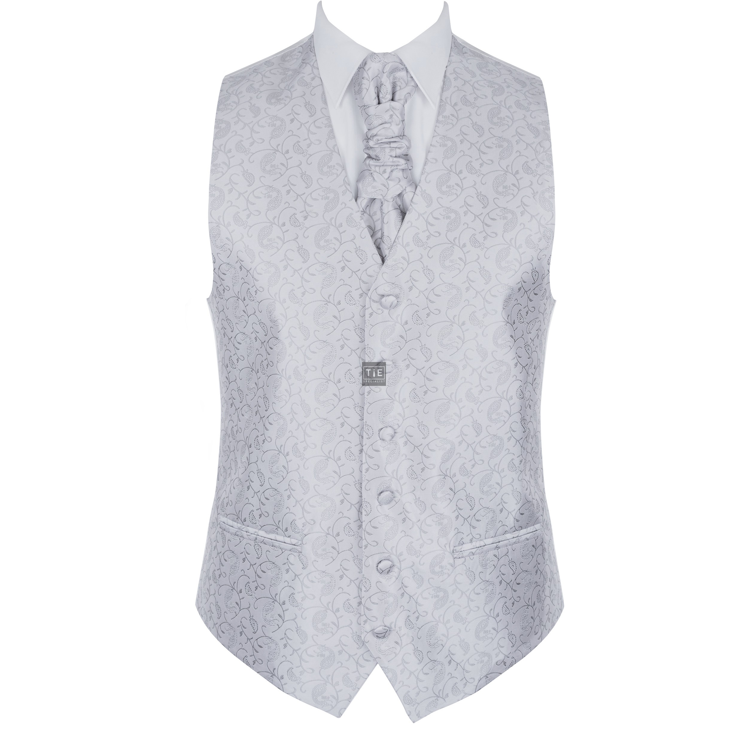 Silver Budding Paisley Waistcoat - Patterned Grey/Silver 6 Button - 32 ...