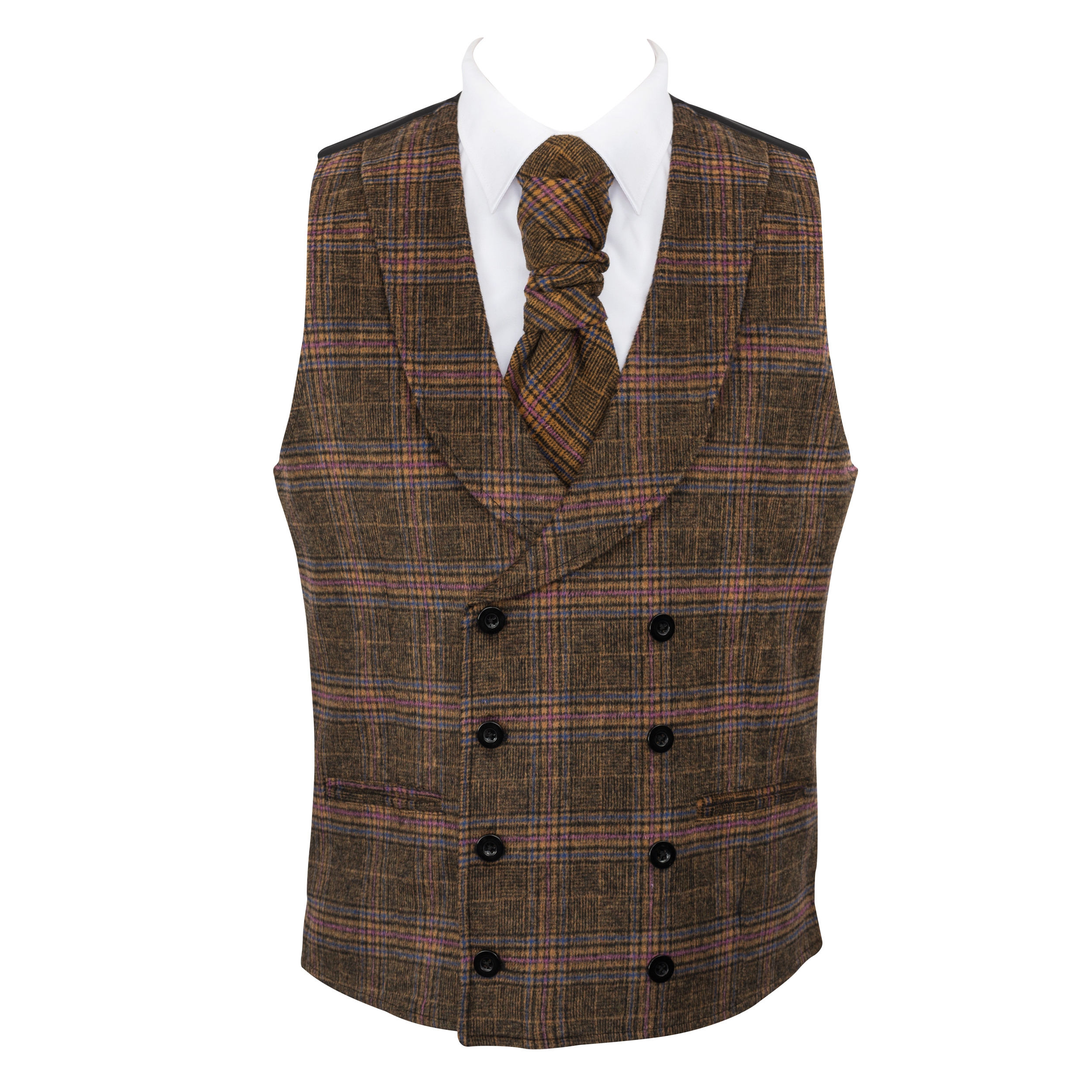 Brown Overcheck Double Breasted Shawl Wool Waistcoat - Overcheck